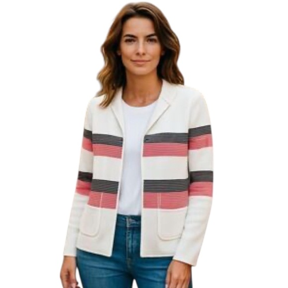 Talbots Cream Knit pink black stripe Sweater jacket hand pockets size large - Picture 1 of 11